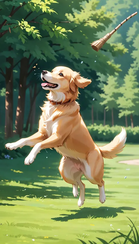 Golden retriever jumping to catch a stick