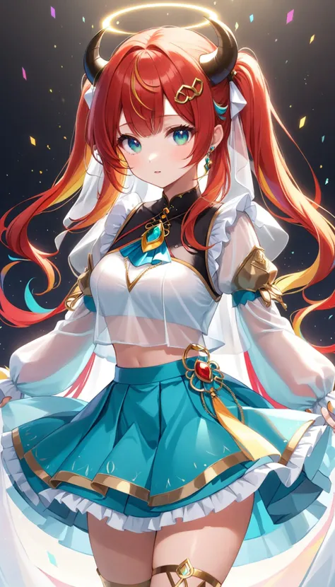 1girl, solo, back light, rainbow, aqua eyes, fake horns, red hair, long hair, crop top, jewelry, horns, veil, bracer, brooch, puffy long sleeves, skirt, bangs, low twintails, puffy sleeves, neck ring, gold trim, parted bangs, arm up, blue skirt, hair ornament, detached sleeves, floating hair, gem, hair flower, blue gemstone