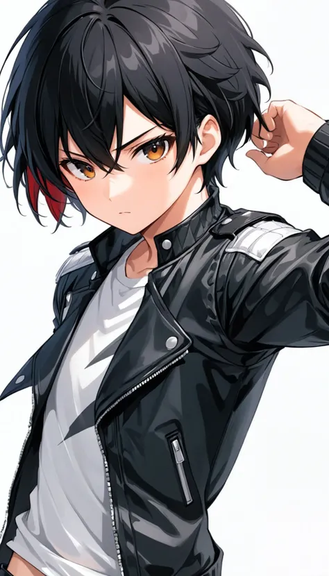 1boy, black hair, white background, short cut hair, leather jacket, tshirt, upper body, detailed shape, detailed line, art of fighting attitude, color manga style