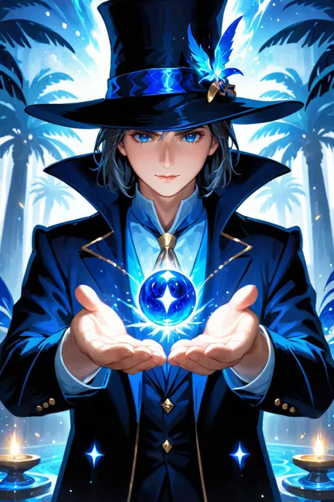 Highly Detailed Magician using blue magic spell, 4k, 8k, ultra high resolution, best quality, blue magic, highly detailed, palms with blue magic spell, bright hands