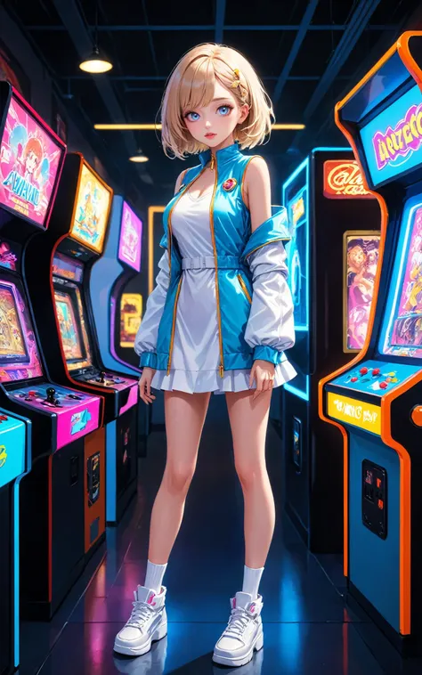 (8k masterpiece photorealistic 3d cartoon render:1.4),cute adorable face,bright eyes, (perfect boudoir lighting:1.2),(dynamic photoshoot sexy feminine pose,cute adorable european face,opal effect eyes hourglass figure:1.3),(December Issue:1.2), (across the shoulders shot, style of Hasselblad:1.41),(indoors, full body shot, clunky shoes,moody lighting, busty cleavage young woman standing in front of arcade game,three quarter pose,sneakers:1.4) ,([futuristic:cyberpunk:0.7] arcade setting),large covered breasts, cleavage, european adult woman, busty woman (Oval-shaped face, luminous complexion, Bright almond-shaped eyes, Arched defined eyebrows, retroussé nose, bow-shaped lips:1.2) with a commanding presence in the center of a state-of-the-art arcade,retrowave style, attire blending high-fashion with future-tech,aysmmetrical tea dress with a slight shimmer in the fabric,knee-high boots with LED details,her makeup bold and futuristic with metallic eyeshadow and glossy lips,her hair styled in a sleek,geometric bob,her posture exudes confidence and power BREAK one hand holding a neon-lit,futuristic gaming device,the other casually draped along her side,the arcade around her filled with advanced gaming consoles,holographic displays casting an ethereal glow,the environment bustling with activity yet she remains the focal point,her gaze intense and captivating,a harmonious blend of elegance,strength,and futuristic glamour,(graffiti ,"ODYSS3Y",title:1.3),