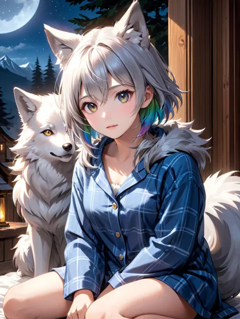 (masterpiece, best quality, detailed, ultra detailed, 8k, 4k, highres:1.2), beautiful eyes, beautiful face,
1 cute girl, solo, 
Timber wolf girl, Timber wolf eyes, Timber wolf ears, Timber wolf body, Timber wolf face,
( furry:1.4 ),
posing with Sitting ,
 medium body  , Indigo Flannel pajamas, Adult girl, 
 fantasy,  Shambhala: A hidden paradise where enlightened beings live in perfect harmony, at Midnight hour,
  Short hair, Rainbow hair, silver eye color, 
Extreme Close-Up shot,