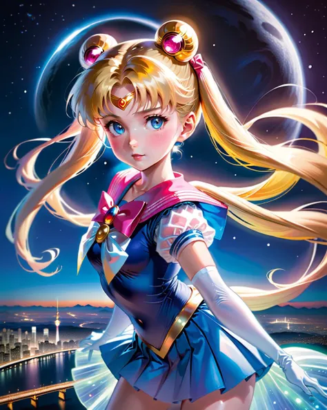 Anime, Usagi Tsukino, as Sailor Moon, summons the Silver Crystal's power, creating a radiant barrier against the looming dark energy. Tokyo's skyline reflects the mesmerizing luminescence, as the other Sailor Scouts rally behind her.