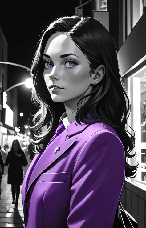 candid RAW portrait photo of a woman (Crystal Simmerman:1.0) with (dark hair:1.0) and a (purple colored suit:1.0) on a dark street with shopping windows (at night:1.2), bokeh, Ilford Delta 3200 film, dof, high definition, detailed, intricate, flashlight