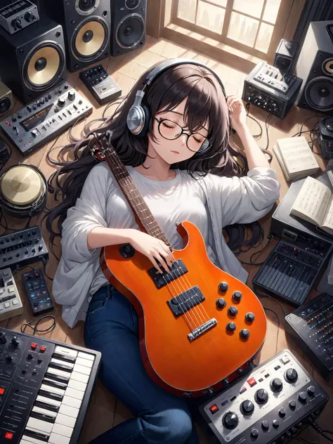 headphones, 1girl, (falling asleep:1.2), black wavy hair, wearing big glasses, glass hair, indoor, radio, speaker, Synthesizer, Drum machine
Sample, Sequencer, MIDI controller, Digital audio workstation, Audio interface, Effects processor, electric guitar, many cable
<lora:EnvyCozyXL01:0.7>, <lora:EnvyMaximalismXL01:1>, <lora:HandFineTuning_XL:1> <lora:add-detail-xl:1>
BREAK
As the woman drifts into slumber, her surroundings take on a dreamlike quality. Ethereal wisps of moonlit mist dance around her, wrapping her in a cocoon of tranquility. The radio's music, a symphony of soft jazz and whispered melodies, blends seamlessly with the sounds of the night, creating a mesmerizing lullaby that carries her away to a realm of sweet dreams and peaceful rest., casual style, jeans, t-shirts, comfortable clothing