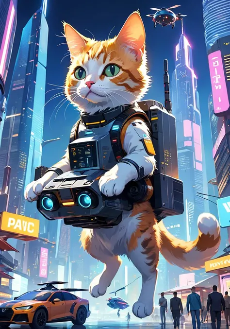 A very strange scene with cats. There are cats living in a futuristic city, where they have their own gadgets, vehicles, and robots. They are busy with their daily lives, working, shopping, and socializing. Some cats are flying with jetpacks, some cats are driving hovercars, some cats are using holograms, and some cats are controlling drones. The background is a sci-fi cityscape with skyscrapers, neon lights, and flying saucers.
,wani wani panic,
ultra realistic detailed,aesthetic,best quality,(photorealistic:1.2),dynamic angle,elegant,realistic skin detail ,