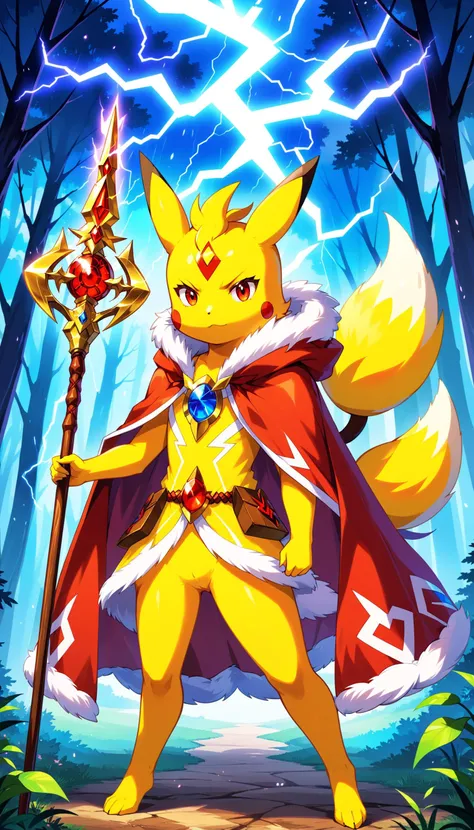 A cunning thunder fox bearing the visage of Pikachu, with sleek fur and keen amber eyes, donning a cloak woven with lightning motifs, wielding a staff adorned with thunderbolt engravings, plotting strategic maneuvers within the shadowy depths of a mystical forest. (thunder fox, Pikachu, sleek fur, amber eyes, lightning motifs), [Influenced by the strategic gameplay of Yu-Gi-Oh!], [Cunning, Strategic, Mysterious]