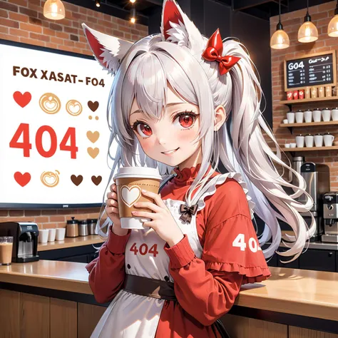 anime,cute moe girl barista hand over a coffee,in coffee shop focus menu board, ('404' text logo:1.5) is written in large letters on the menu board,('404' text logo:1.5) is written in large letteers on the latte art, wavy hair, ponytail,,wide big red eyes, angelic smile,(speech bubble heart mark:0.8), ('404' text logo:1.5) is written in large letters on the coffee cup, fox ears,:3, silver hair,drink