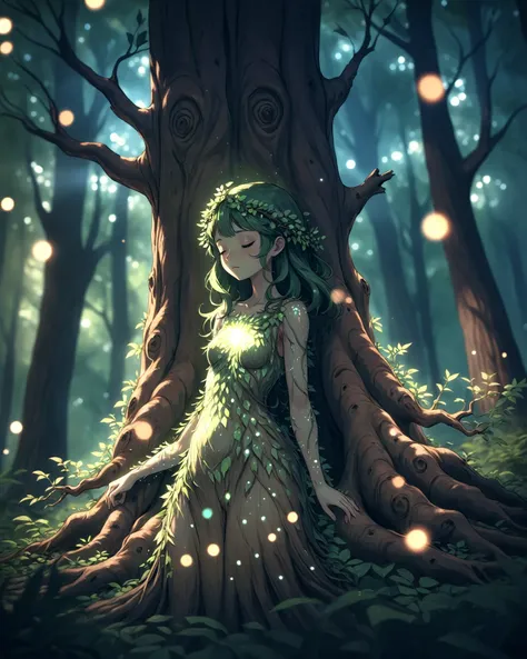 Girl with a spirit of tree with her body, wooden body, closed eyes, midnight, (dark deep forest:1.5), ancient trees
BREAK
(Bokeh, depth of field:1.5), transparent, translucent, see-through, cinematic shadow, (reflection, refraction:0.5),
ambient occlusion, bloom, natural lighting, soft lighting, Tyndall effect, dappled light, light glare, lens flare, glowing, strobe,
concept art, official art, official wallpaper, production art, promotional art,
masterpiece, best quality, extremely high quality, high quality, ultra quality, detailed, ultra-detailed, extremely detailed, insanely detailed, intricate, extremely intricate, insanely intricate, extremely delicate, insanely delicate, high definition, extremely detailed background