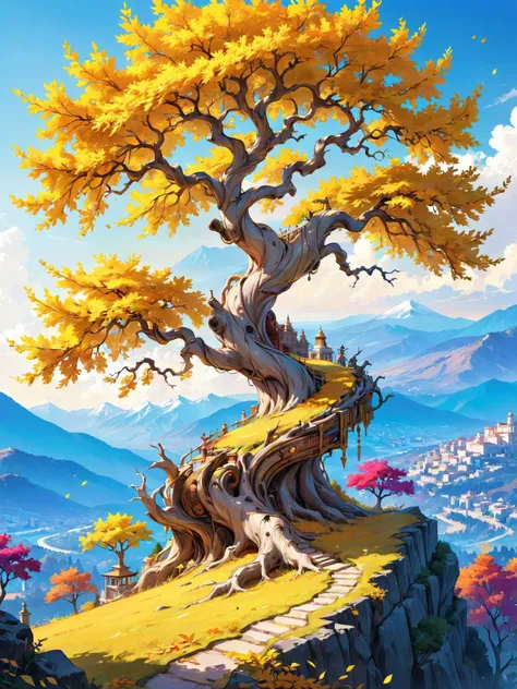 majestic tree standing tall on hillside, twisted trunk, sprawling branches adorned with vibrant yellow leaves, vibrant, random colored, neoclassical style, indian royalty