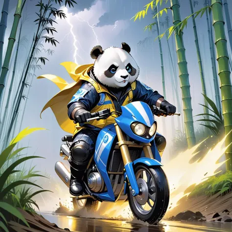 breathtaking, a anthropomorphic panda male furry riding a off-road yellow motorcycle rushing through a sharp bend in bamboo forest, thunder storm and lightning in the distance, in a dark night, he is wearing a interchange jacket and pants, which are blue with some white stripes, he also wears protective boots and gloves, award-winning, professional, highly detailed, panda, furry, motorcycle, protective gears, dark night, rain, water and mud splashing, thunder strike, dynamic scene, epic scene, speed, motion blur, by Greg Rutkowski, by Gregory Manchess