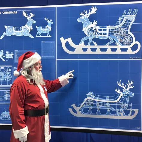 explaining how to build all parts, many txt, blueprint grid backdrop <lora:bl3uprint:1>,bl3uprint, Santa's sleigh with robotic reindeer, Christmas lights, Turbo engines, Merry Christmas, extremely intricate machinery, masterpiece, best quality, <lora:add_detail:0.7>