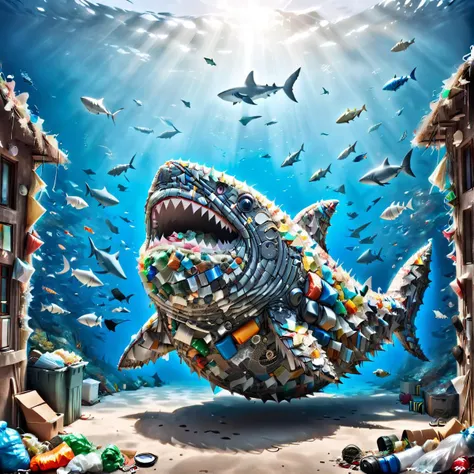 fat chonky likeable shark made of garbage, under the sea, floating, mad-garbage <lora:Garbage_SDXL:1>