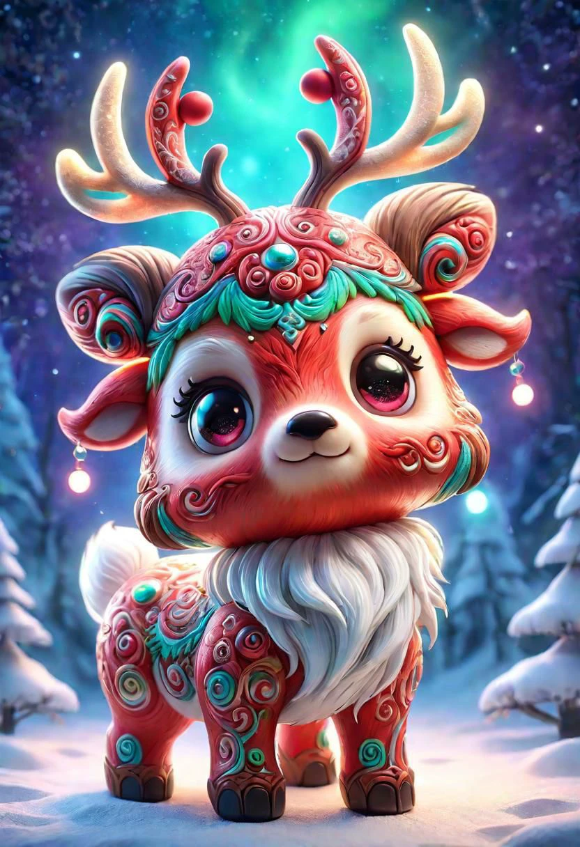masterpiece, best quality, 4K, 8K, ultra detailed background, delicate pattern, complex detailed background, studio lighting, colorful back light, depth of field, fantastic, sky, AuroraStyle, (cute, kawaii:1.4), (wide angle view:1.4), full shot, red skin,
(mythical beast of reindeer appearance:1.4), view from below, view from a 45-degree angle, face to camera, looking at camera,
(glowing eyes:1.4), red eyes, (robust reindeer:1.3), glowing reindeer, stylish pose, cinematic angle, Jewelry, necklace, long reindeer antlers, (extremely long hair:1.3), at cliff edge,
Christmas tree,Christmas decoration, snow, snowing, SnowStyle, SugarCookieStyle, cool movement, beautiful detailed glow,dynamic composition, yellow back light,