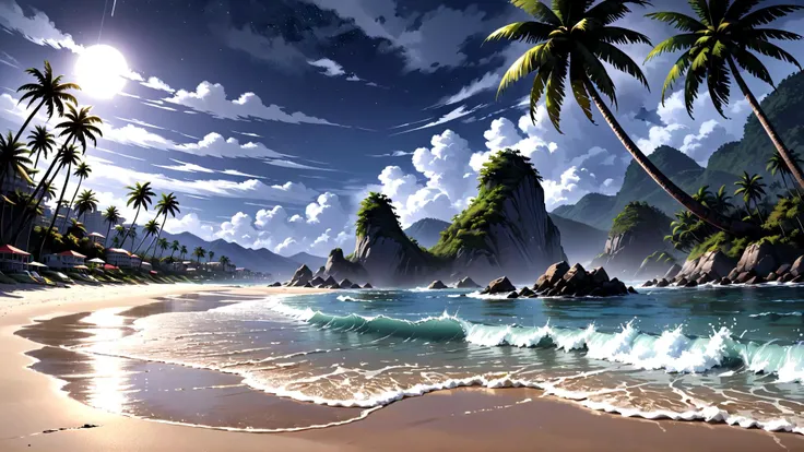 (no people around),
beach, peninsula, palm trees, waves, caustic, moon, night, deflection