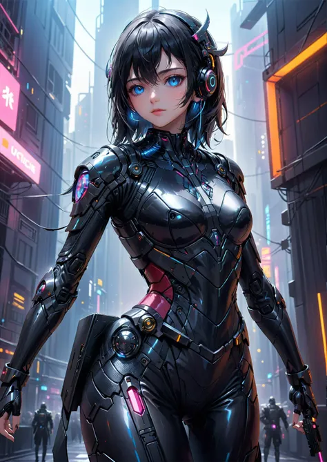 vibrant colors, vivid coloration, masterpiece, best quality, sharp focus, intricate, depth of field, volumetric lighting, 12k hdr, ray tracing, extremely detailed, aesthetic, creative, one woman, cowboy shot, cyberpunk, blue eyes, medium black hair, black leather armor, headphones, looking at viewer, cyberpunk city, day, <lora:add-detail-xl:1>, <lora:add-detail-xl:1.5>, looking at viewer, <lora:SDXLFaeTastic2400:0.7>