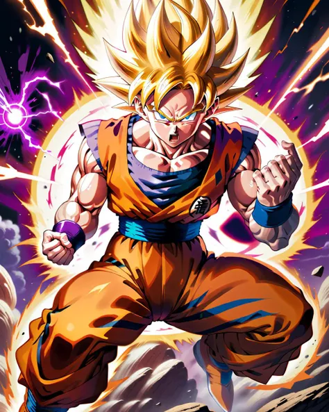 Anime, Goku, in his Super Saiyan form, battles fiercely against Frieza on a crumbling Namek. Every punch causes shockwaves, distorting the planet's very core.