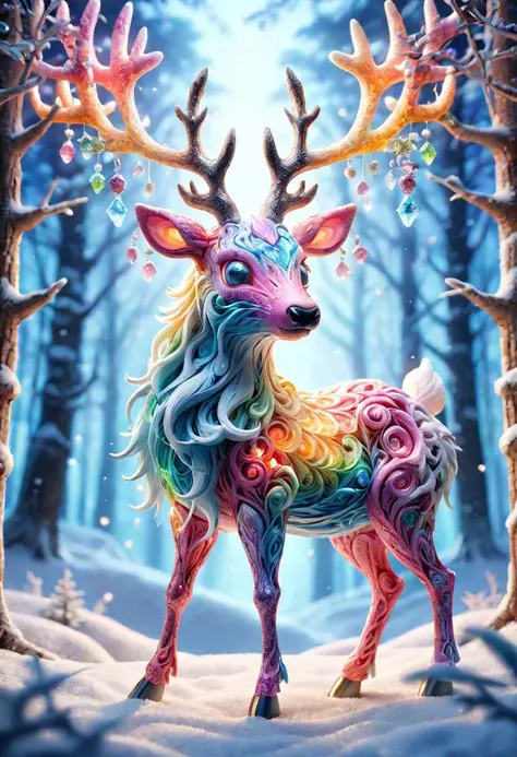 masterpiece, best quality, 4K, 8K, ultra detailed background, delicate pattern, complex detailed background, studio lighting, colorful back light, depth of field, fantastic, (colorful lighting:1.3),
view from below, view from a 45-degree angle, face to camera, looking at camera, (forest:1.3),
(mythical beast:1.3), kawaii,
(glowing eyes:1.4),(crystal reindeer:1.2), (robust reindeer:1.3), red armor, glowing reindeer, shining crystal, stylish pose, cinematic angle, Jewelry,
necklace, long reindeer antlers, extremely long hair, (LED:1.2),
Christmas tree,Christmas decoration, snow, snowing, mechanical skeleton, chibi, FrostedStyle