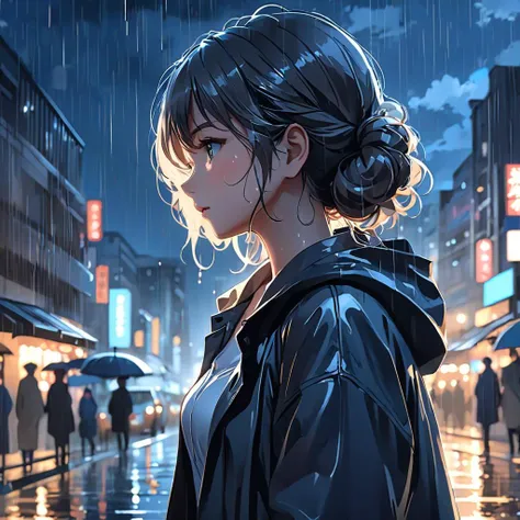 a sad young girl hit by rain in the night, rainy city background, (anime style:1.4), official art, unity 8k wallpaper, ultra detailed, beautiful and aesthetic, masterpiece, best quality, (digital art:1.5), (side view:1.5)
