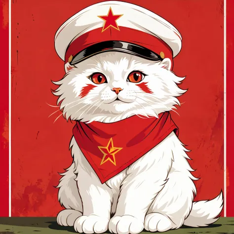 (masterpiece, best quality, highres:1.2), a poster of a sitting fluffy white kitten with a red bandana and wearing a military cap, in the style of a soviet propaganda poster, red and off-white in background, illustration, 2d