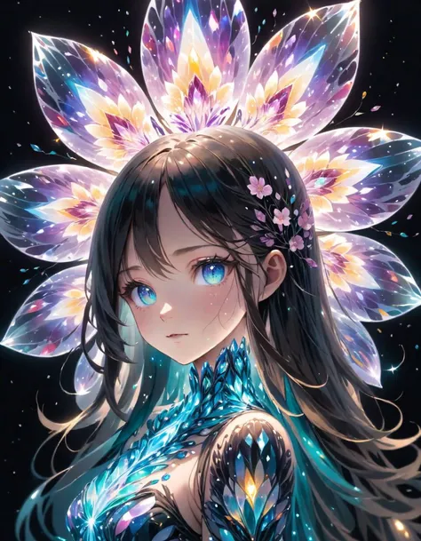The neural network has created a unique design that looks like a flower made of crystals that changes color depending on the viewing angle, high detail, intricate, bioluminescent illumination, glow effects
embedding:SimplePositiveXLv1