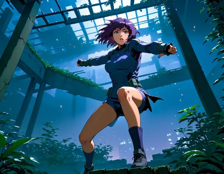 masterpiece,best quality,(1girl:1.2), garden in dystopian postapo ruins, midnight, (motoko kusanagi:1.1), fighting stance, dynamic, rotated, action, fighting, from below,