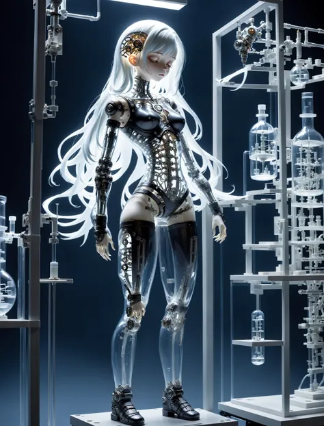 mechanical bodyless girl, transparent skin, laboratory, standing on stand, sleeping, dynamic, midnight