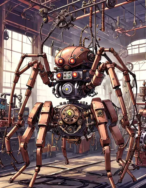 anime screencap of steam powered mechanic spider robot, robot factory, steam, machines, cables, steampunk, anime style, studio anime