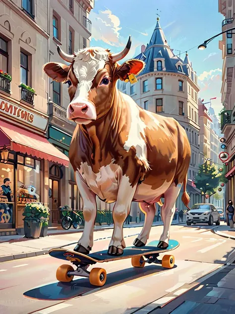 A cow on skateboard, outdoor, city streets, <lora:EldritchRomanceIllustration_1.0.5:1>