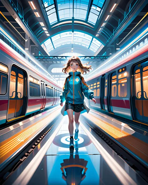Anime, Faith Connors dashes through a high-tech train station, its glassy surfaces reflecting a myriad of possibilities. Chasing drones project holographic mazes, challenging her path at every turn.