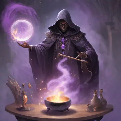 Illustration of a black magician with a mysterious, tattered cloak adorned with intricate arcane symbols, holding a wooden staff crackling with dark energy, standing in front of a bubbling cauldron as wisps of purple smoke curl in the air, with a crystal ball and ancient spellbooks on a nearby table