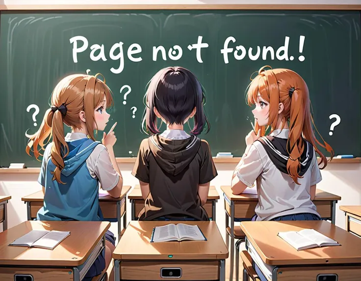 anime, 3students, focus blackboard, (from behind:1.2), (speech bubble question mark:0.8),
('Page Not Found' text logo:1.5) is written in large letters on the classroom blackboard,
