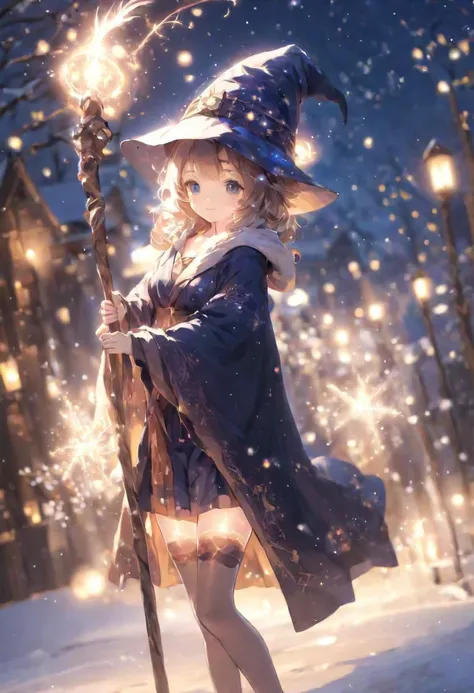 anime, cute girl, wizard hat, robe, thigh-highs, holding ancient staff, happy, midnight, bloom, ambient occlusion, glow, glowing lights, light particles, transparent, translucent, bokeh, depth of field, snow, wind