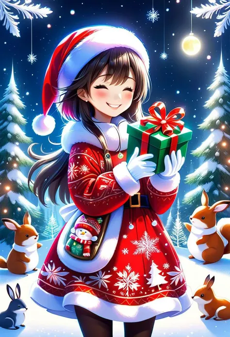 cute girl wearing red Christmas dress and mittens is holding Christmas present, big happy smile with closed eyes, ^_^, surrounded by small woodland animals,
(snowy forest, moonlight, Christmas trees), (sparkles, sparkling clothes, sparkling eyes),