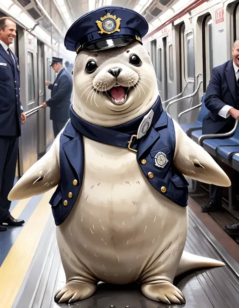 chuckling seal , wearing train conductor outfit
