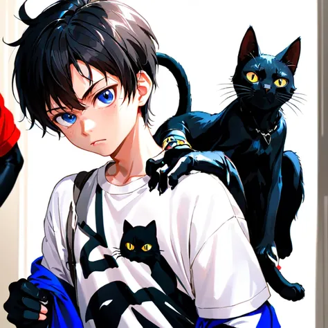 Photo of a black cat leaning into a teenage boy, with an arrogant expression. The boy looks uncomfortable as the cat is pawing at his shirt and mischievously trying to climb onto his shoulder