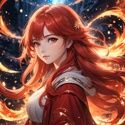 Adult woman, Long fiery red hair with purple ends, purple colored eyes, deer antlers, Herbalist's robe, Masterpiece, hig quality
