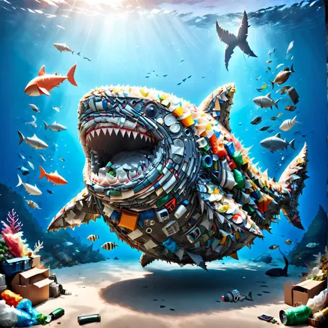 fat chonky likeable shark made of garbage, under the sea, floating, mad-garbage <lora:Garbage_SDXL:1>