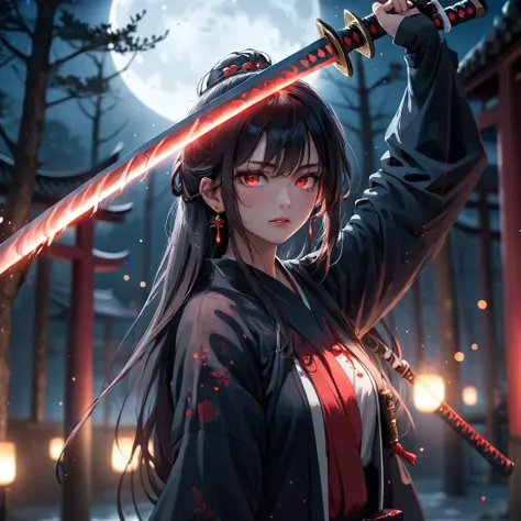 1Woman, Black long hair, red glowing eyes, samurai, holding katana over head, two hands on katana, wearing long black kimono, blood in weapon, angry, full of hate BREAK midnight, full moon, bokeh, dof, dlsr