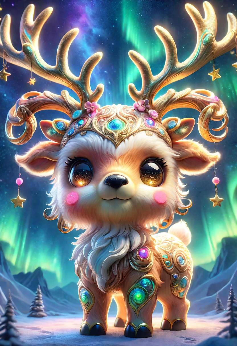 masterpiece, best quality, 4K, 8K, ultra detailed background, delicate pattern, complex detailed background, studio lighting, colorful back light, depth of field, fantastic, sky, star, AuroraStyle, (cute, kawaii:1.4), (wide angle view:1.4), full shot, golden skin,
(mythical beast of reindeer appearance:1.4), view from a 45-degree angle, (face to camera, looking at camera:1.4),
(glowing eyes, shine eyes:1.4), (yellow eyes, big and round eyes:1.3),(robust reindeer:1.3), glowing reindeer, stylish pose, cinematic angle, Jewelry, necklace, long reindeer antlers, (hairy, extremely long hair:1.3), at cliff edge,
Christmas tree,Christmas decoration, snow, snowing, SnowStyle, SugarCookieStyle, cool movement, beautiful detailed glow,dynamic composition, yellow back light,