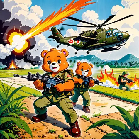 80s animation, Care Bears, Vietnam war, shooting flame thrower into a bunker, search and destroy, cartoon, gritty combat footage, viet cong, tet offensive, huey gunship, vietnamese rice paddy,