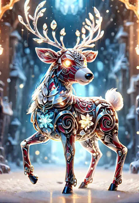 masterpiece, best quality, 4K, 8K, ultra detailed background, delicate pattern, complex detailed background, studio lighting, yellow back light, depth of field, fantastic,
view from below, view from a 45-degree angle, face to camera, looking at camera,
(crystal reindeer:1.2), red armor, glowing reindeer, stylish pose, cinematic angle, Jewelry,
necklace, long reindeer antlers,
Christmas tree,Christmas decoration, snow, snowing,  mechanical skeleton, chibi, FrostedStyle