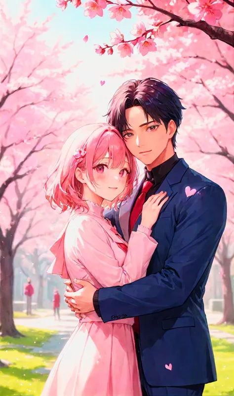 An attractive couple poses lovingly for a Valentine's day themed photo shoot together. The man is exceptionally handsome, and the woman is exquisitely beautiful. Both the people, and their surroundings, are extremely detailed, high resolution, crisp, in focus. Valentine's, pink, high contrast, vibrant colors, sakura trees and blossoms pink