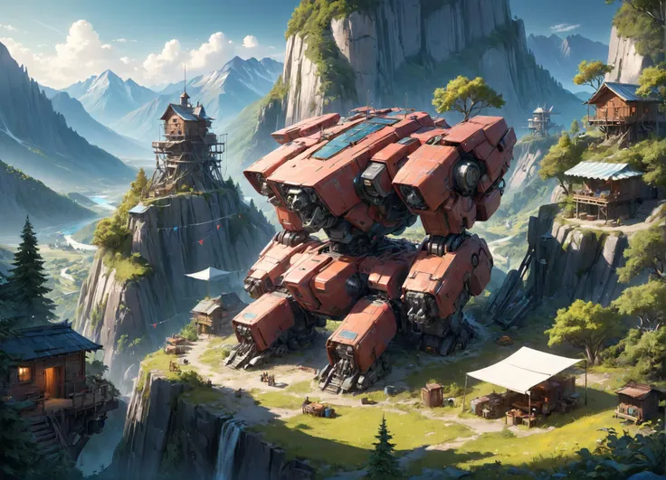 human settlement in a huge old mecha robot sitting on a mountain, bushes and trees, huts, utensils, awnings, greg rutkowski, beeple, dan mumford