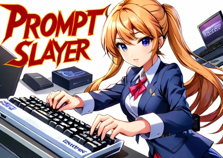 anime artwork <lora:Harrlogos_v1.1:1.5>,("PROMPT SLAYER" text logo),anime office girl holding a computer keyboard,action shot, . anime style, key visual, vibrant, studio anime,  highly detailed