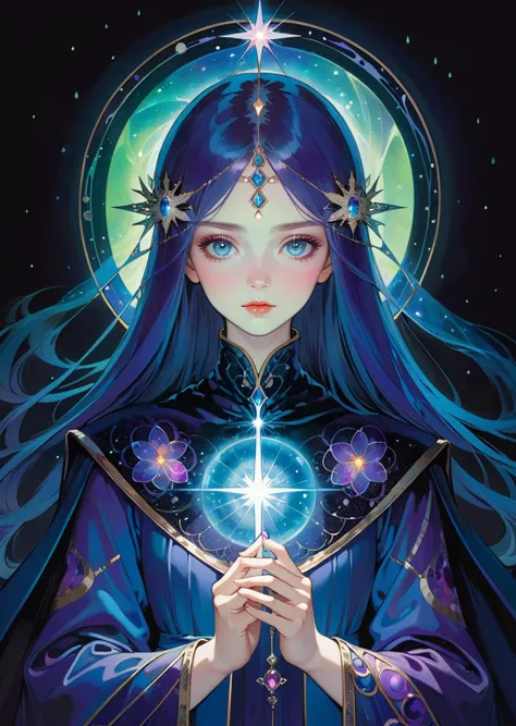 1 female casting spells detailed face, detailed hand, fantasy, Aurora Borealis
art by Harry Clarke Hiroshi Yoshida
