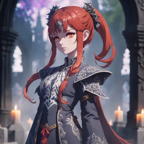 1girl, masterpiece, detailed, intricate, 4k, mage wearings, chromatic aberrations, full body, intricate eyes, graveyard background, ponytail hair, red hair, deteiled eyes