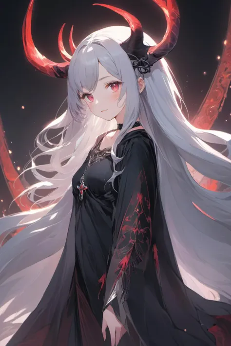 vivid color, 1girl, solo, cute face, demon girl, vampire girl, white long hair, red eyes, Glowing eyes, flowing Ethereal hair, (delicate and detailed face:1.1), small breast, sad face, Forlorn expression, (Glistening obsidian antlers on head), (delicate and delicate face:1.1), dark skirt, large shawl,  elegant, dark theme, clear back ground, devilish costume,  surcoat, loose clothes, (huge obsidian tree in background:1.3),(petite:1.4),cowboy shot,  Wistful, Mysterious, Gothic style,  Ghostly Apparition Whispering,  Reaching Out,
Lace Gloves, Choker, , masterpiece, best quality, kawaii, anime, moe, aesthetic,