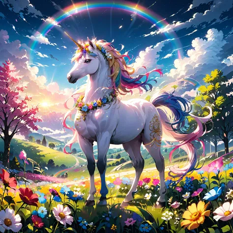 (a white unicorn with a golden horn), ((blue-pink horse mane)), blue-pink ponytail, (straight golden horn), (flower wreath around the neck), stands on a summer meadow with many colorful flowers, a rainbow in background, full body view, from side,
(masterpiece:1.2), (best quality:1.2), ultra-detailed, best shadow, detailed background, high contrast, (best illumination, an extremely delicate and beautiful), ((cinematic light)), hyper detail, dramatic light, intricate details, 8k, anime, very aesthetic, <lora:add-detail-xl:0.6> <lora:xl_more_art-full-beta2:0.7>