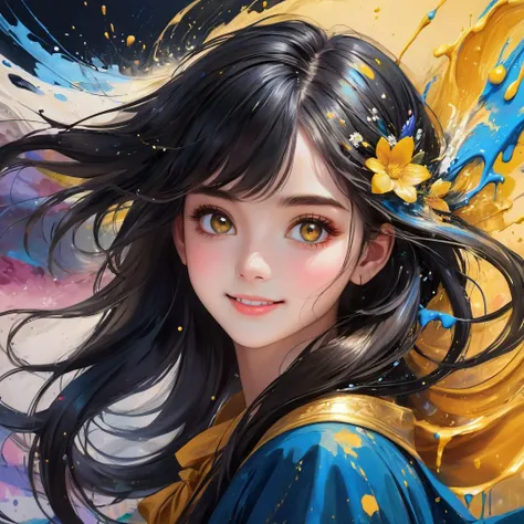 (masterpiece, top quality, best quality, official art, beautiful and aesthetic:1.2), (portrait picture, face zoom, portrait: 2.5), (1girl, 18y young woman, smiling, beautiful divine clothes, large black hole hair, huge large cute fantasy eyes, golden eyes, portrait: 2), extreme detailed, (splash of paint:2), highest detailed, beautiful, masterpiece, perfect composition, artistic, perfect art, 8k, powerful rich colors, anime style